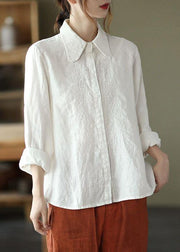 Organic White Loose Embroideried Fall Linen Long Sleeve Blouse Tops - SooLinen