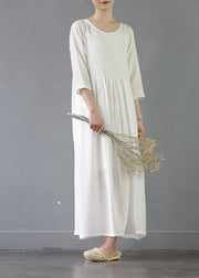 Organic White O Neck Wrinkled Patchwork Long Cotton Dress Spring