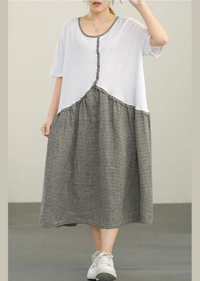 Organic White Patchwork Plaid Cotton Linen Holiday Dress Summer - SooLinen