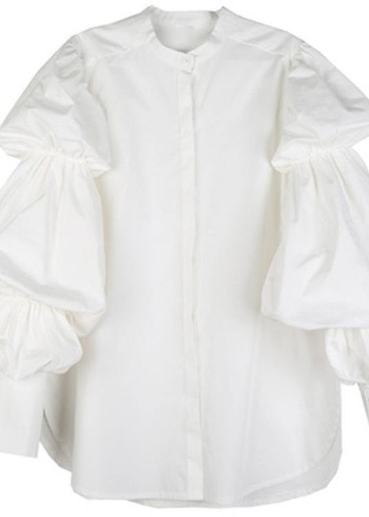 Organic White Stand Collar shirts Cotton Shirt Top - SooLinen