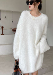 Organic White V Neck Mink Hair Knitted Sweater Dress Winter