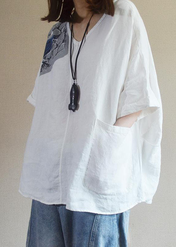 Organic White V Neck Print asymmetrisches Design Herbst Halbarm Shirt Tops