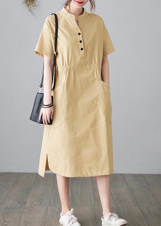 Organic Yellow Cinched Pockets Summer Cotton Dress - SooLinen