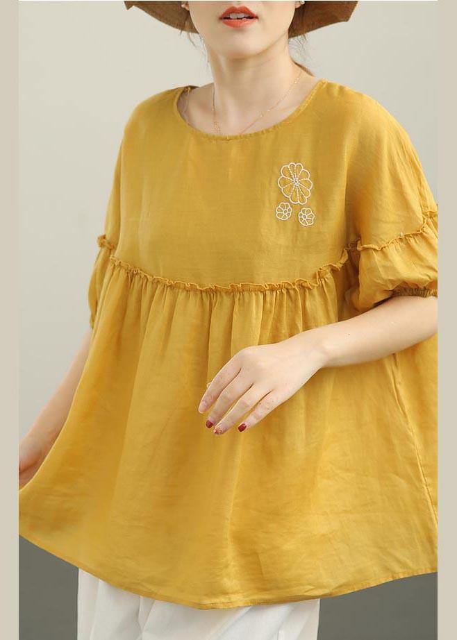 Organic Yellow Embroideried Cinched Cotton Shirt Summer - SooLinen