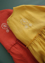 Organic Yellow Embroideried Cinched Cotton Shirt Summer - SooLinen