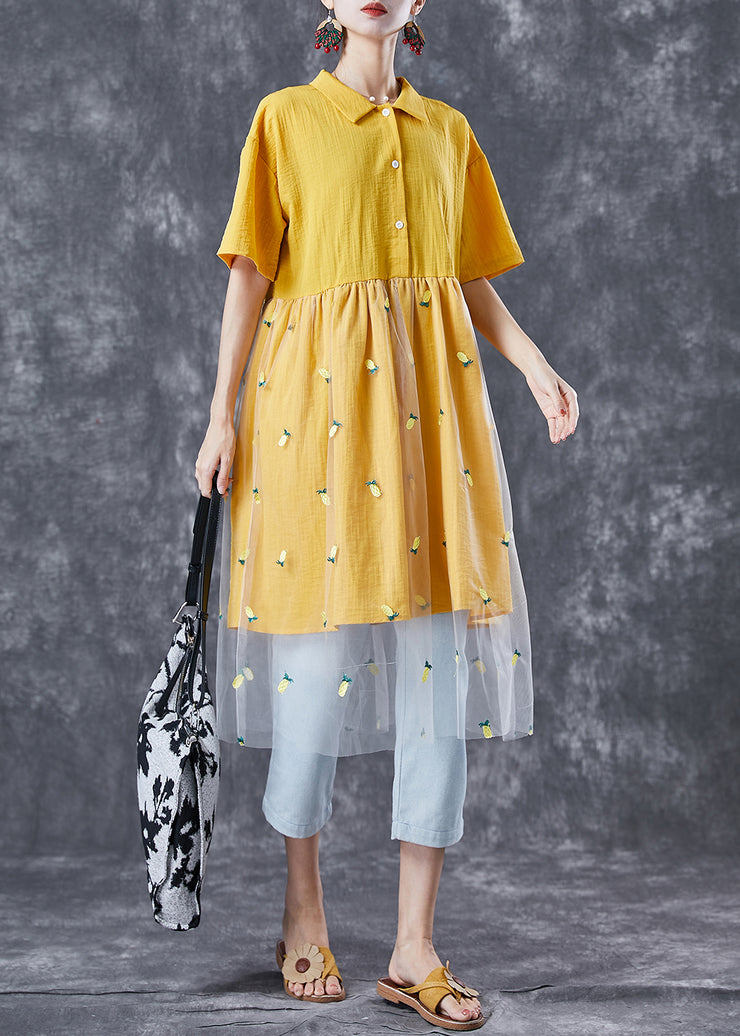 Organic Yellow Embroidered Patchwork Tulle Cotton Dress Summer
