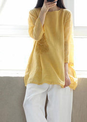 Organic Yellow Embroidery Tunic O Neck Sleeveless Art Shirts - SooLinen