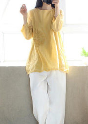 Organic Yellow Embroidery Tunic O Neck Sleeveless Art Shirts - SooLinen