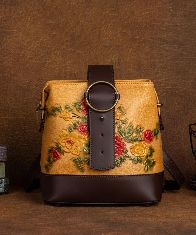 Organic Yellow Floral Paitings Calf Leather Messenger Bag