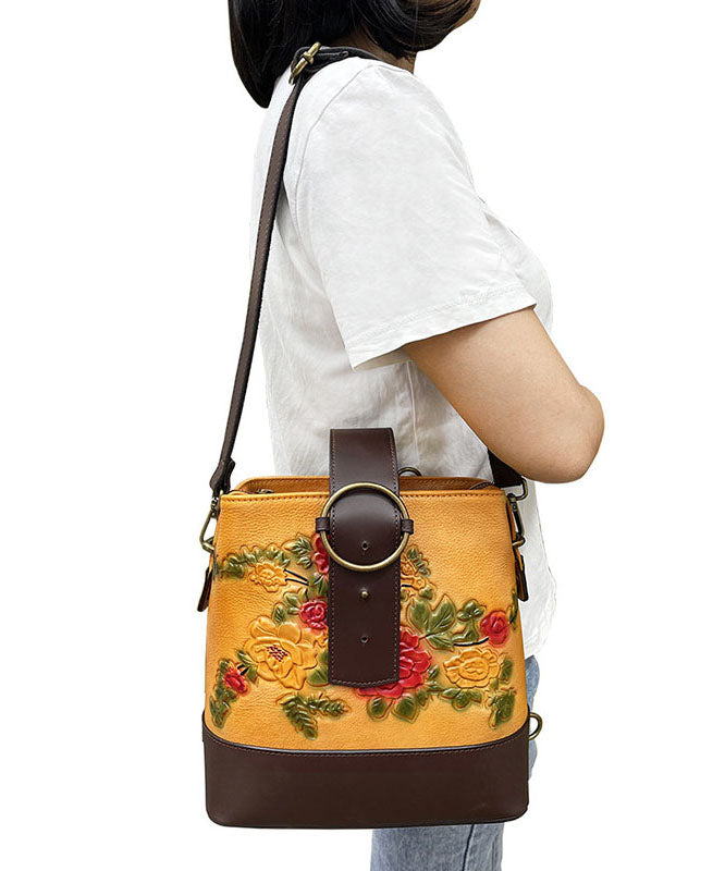 Organic Yellow Floral Paitings Calf Leather Messenger Bag