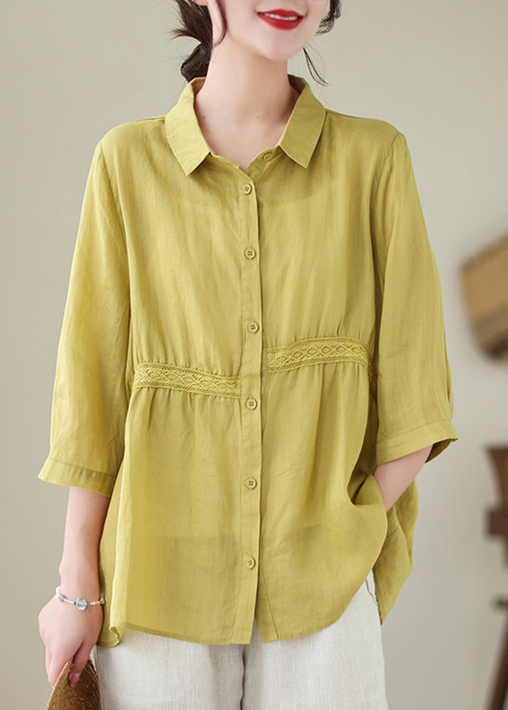 Organic Yellow Green Peter Pan Collar Lace Patchwork Cotton Shirts Half Sleeve