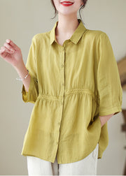 Organic Yellow Green Peter Pan Collar Lace Patchwork Cotton Shirts Half Sleeve