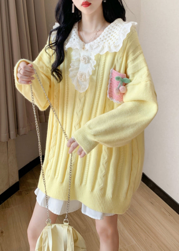 Organic Yellow Hollow Out Cozy Cotton Knit Sweater Spring