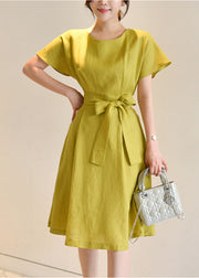 Organic Yellow O Neck Bow Wrinkled Cotton Mid Dress Summer