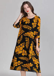 Organic Yellow O Neck Print Patchwork Chiffon Mid Dress Summer