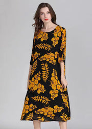 Organic Yellow O Neck Print Patchwork Chiffon Mid Dress Summer
