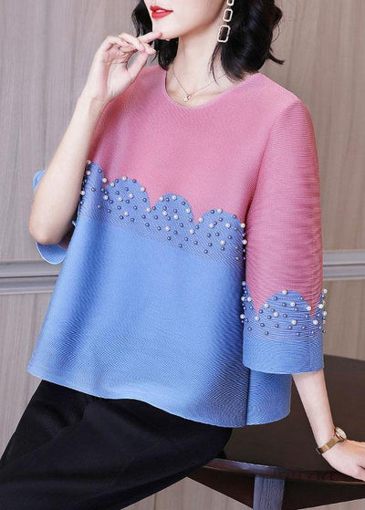 Organic Pink Pearl Beads Shirt Top Short Sleeve Blouse - SooLinen