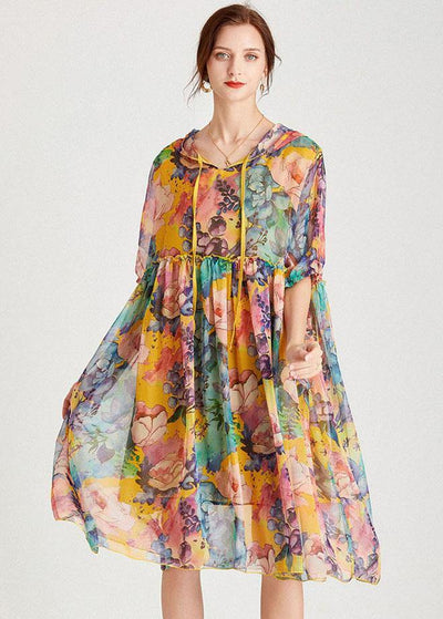 Organic Yellow Patchwork Print Summer Chiffon Dresses - SooLinen