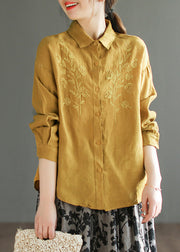 Organic Yellow Peter Pan Collar Embroidered Button Linen Shirts Long Sleeve