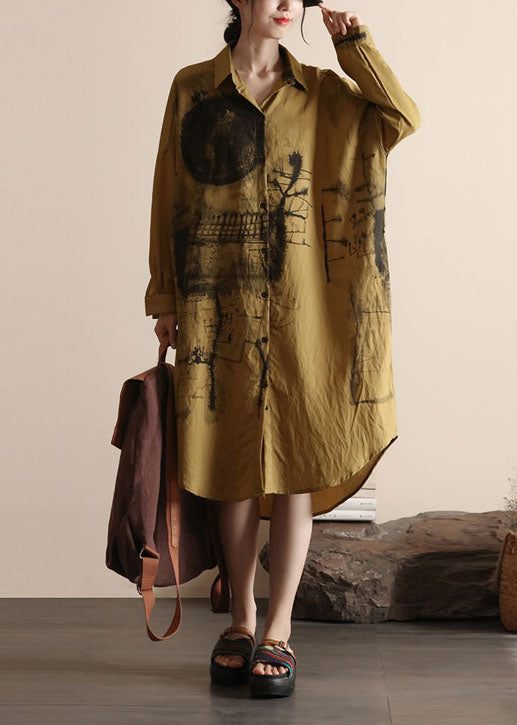 Organic Yellow Peter Pan Collar Print Patchwork Cotton Shirts Dress Spring