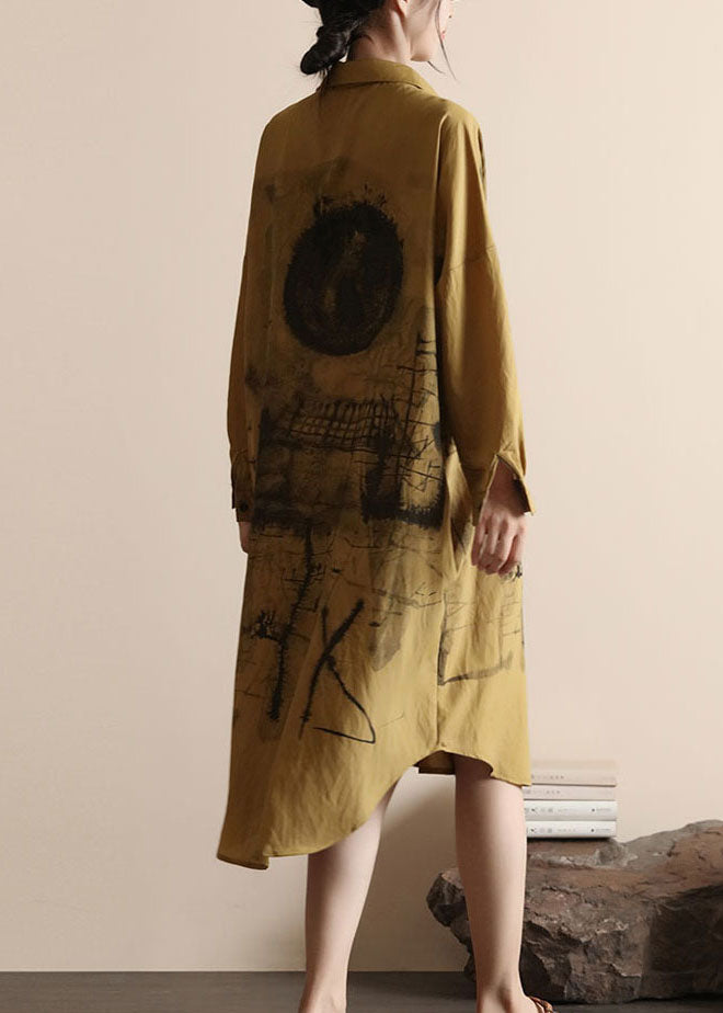 Organic Yellow Peter Pan Collar Print Patchwork Cotton Shirts Dress Spring