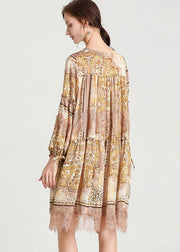 Organic Yellow Print Patchwork Lace Mid Dress Fall Chiffon Dress