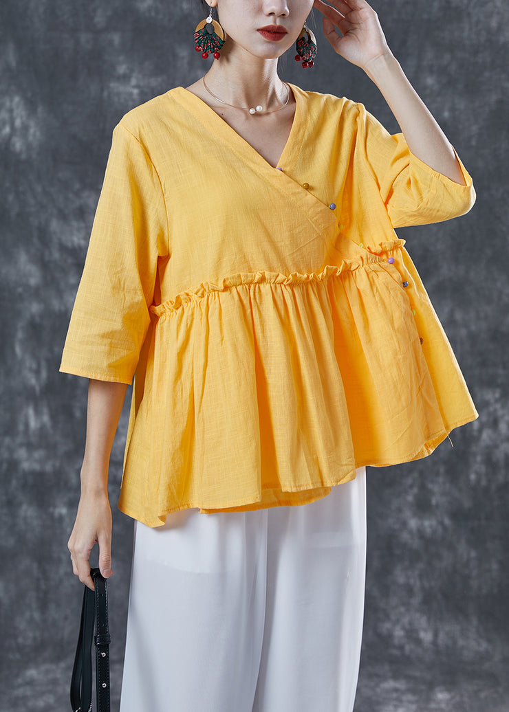 Organic Yellow Ruffled Exra Large Hem Cotton Shirt Top Summer