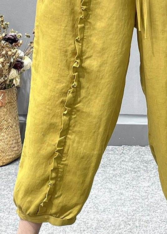 Bio-Leinen-Crop-Hosen mit gelben Rüschen und Taschen Sommer