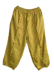 Bio-Leinen-Crop-Hosen mit gelben Rüschen und Taschen Sommer