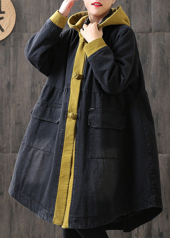 Organic Yellow hooded Button Pockets Patchwork Winter Cotton Long sleeve Coat