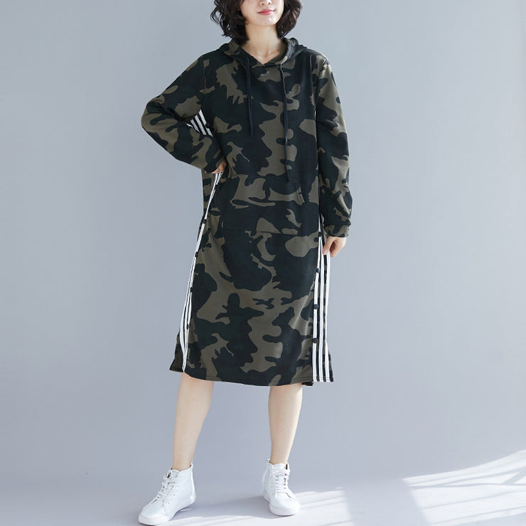 Organic army green print Cotton quilting dresses Korea Work Outfits hooded A Line spring Dresses