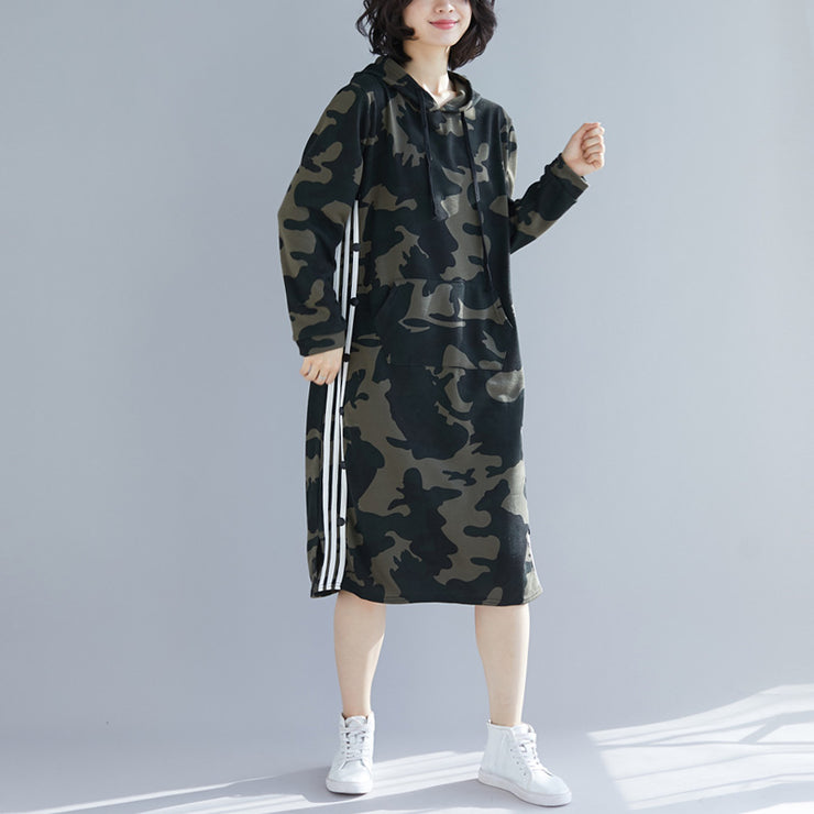 Organic army green print Cotton quilting dresses Korea Work Outfits hooded A Line spring Dresses