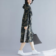 Bio-Baumwoll-Steppkleider mit armeegrünem Druck Korea Work Outfits A-Linie Frühlingskleider mit Kapuze