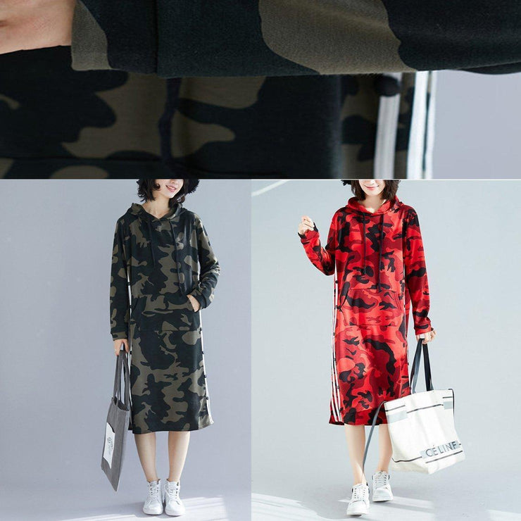 Bio-Baumwoll-Steppkleider mit armeegrünem Druck Korea Work Outfits A-Linie Frühlingskleider mit Kapuze