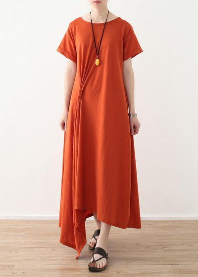 Organic asymmetric design hem linen clothes short sleeve long orange Dresses - SooLinen
