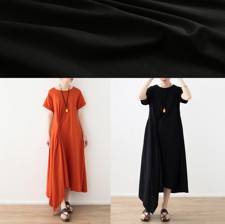 Organic asymmetric design hem linen clothes short sleeve long orange Dresses - SooLinen