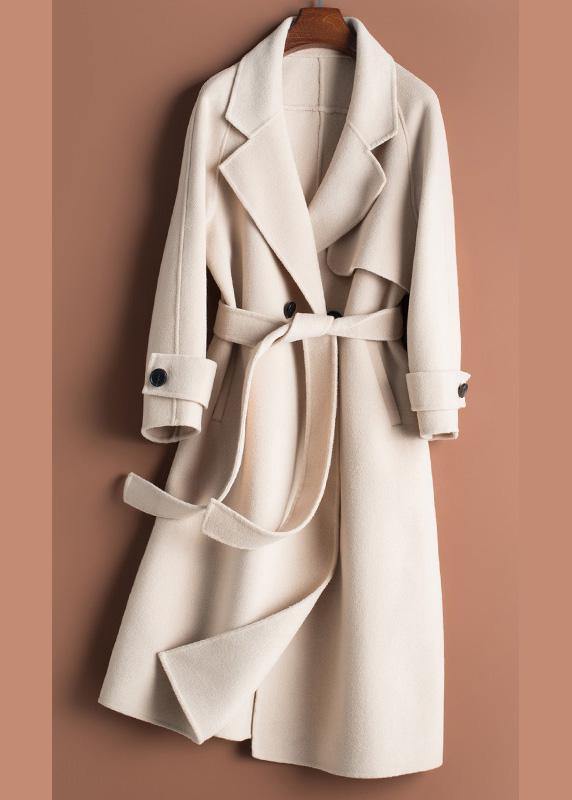 Organic beige Plus Size crane Woolen Coats Work Notched tie waist women Woolen Coats - SooLinen