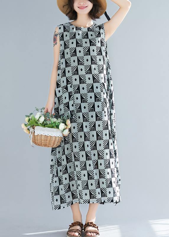 Organic black Geometric cotton o neck sleeveless long summer Dresses - SooLinen