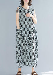 Organic black Geometric cotton o neck sleeveless long summer Dresses - SooLinen