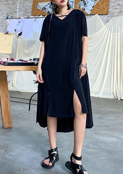 Organic black Tunics v neck Cinched Maxi summer Dresses - SooLinen