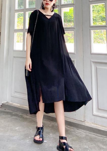 Organic black Tunics v neck Cinched Maxi summer Dresses - SooLinen