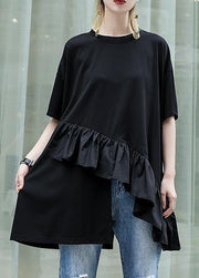 Organic black cotton Blouse rrffles hem oversized summer tops - SooLinen