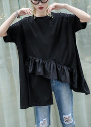 Organic black cotton Blouse rrffles hem oversized summer tops - SooLinen