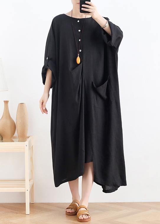 Organic black cotton dresses o neck asymmetric Maxi summer Dresses - SooLinen