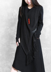 Organic black cotton quilting clothes false two pieces A Line asymmetric Dresses - SooLinen
