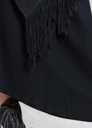 Organic black cotton quilting clothes false two pieces A Line asymmetric Dresses - SooLinen