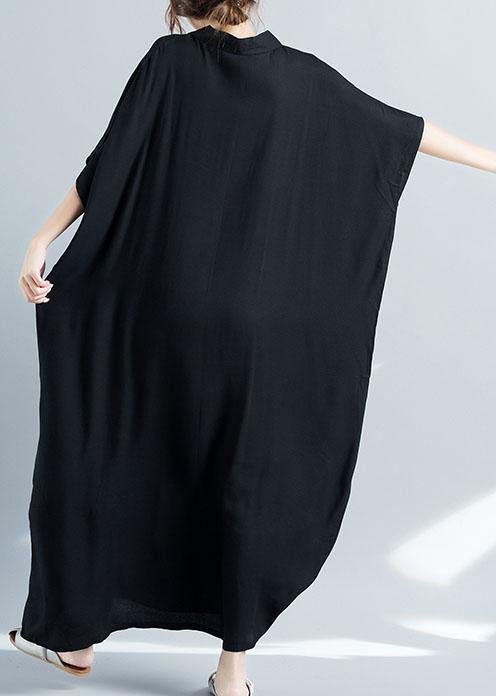 Organic black cotton quilting dresses v neck baggy long summer Dresses - SooLinen