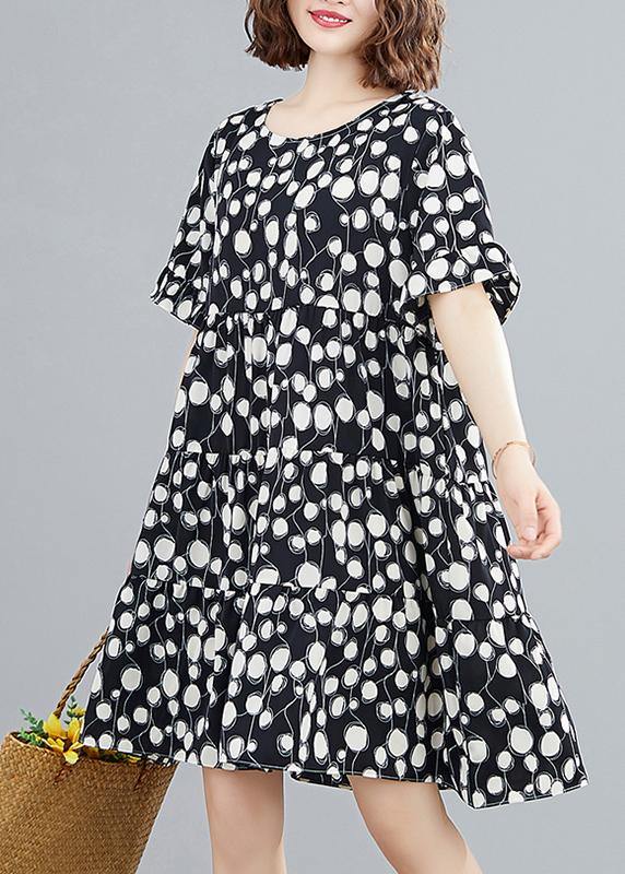 Organic black dotted clothes Women o neck patchwork Knee Dress - SooLinen
