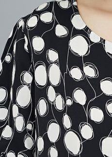 Organic black dotted clothes Women o neck patchwork Knee Dress - SooLinen