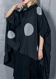 Tunika aus Bio-Baumwolle, schwarz, gepunktet, indisches Nähen, asymmetrische Kniehemden